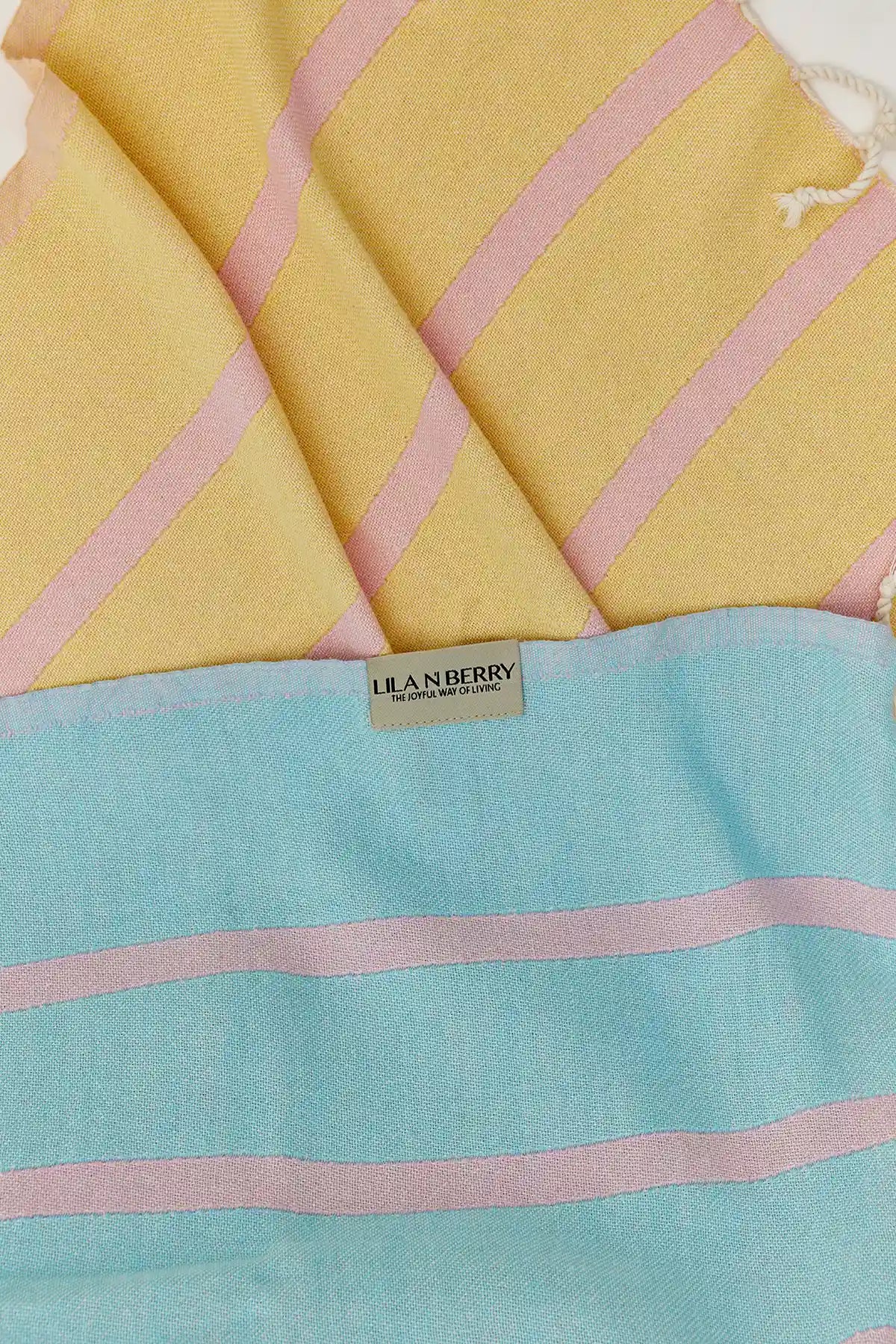 Lane Pink Blue Double-Faced Turkish Towel by Cove & Fold - draped detail