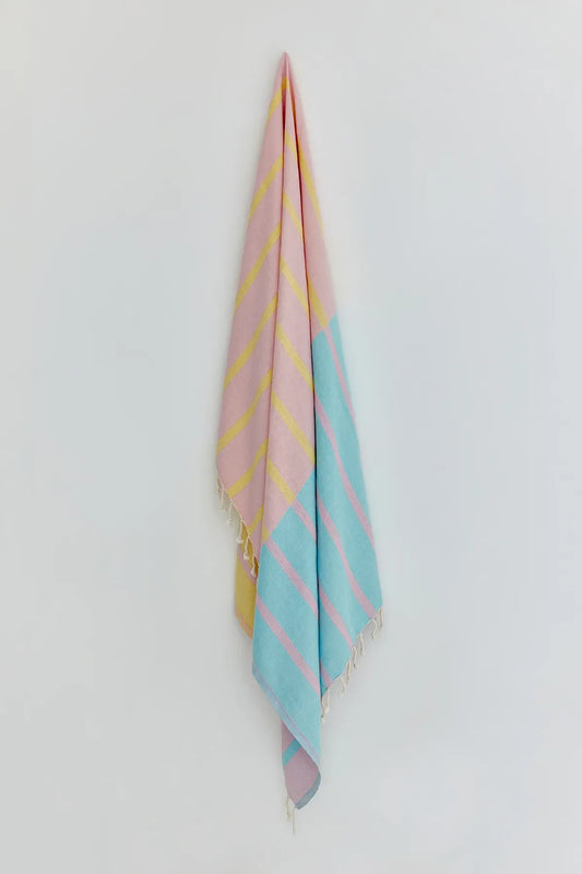 Lane Pink Blue Double-Faced Turkish Towel by Cove & Fold - hanging view
