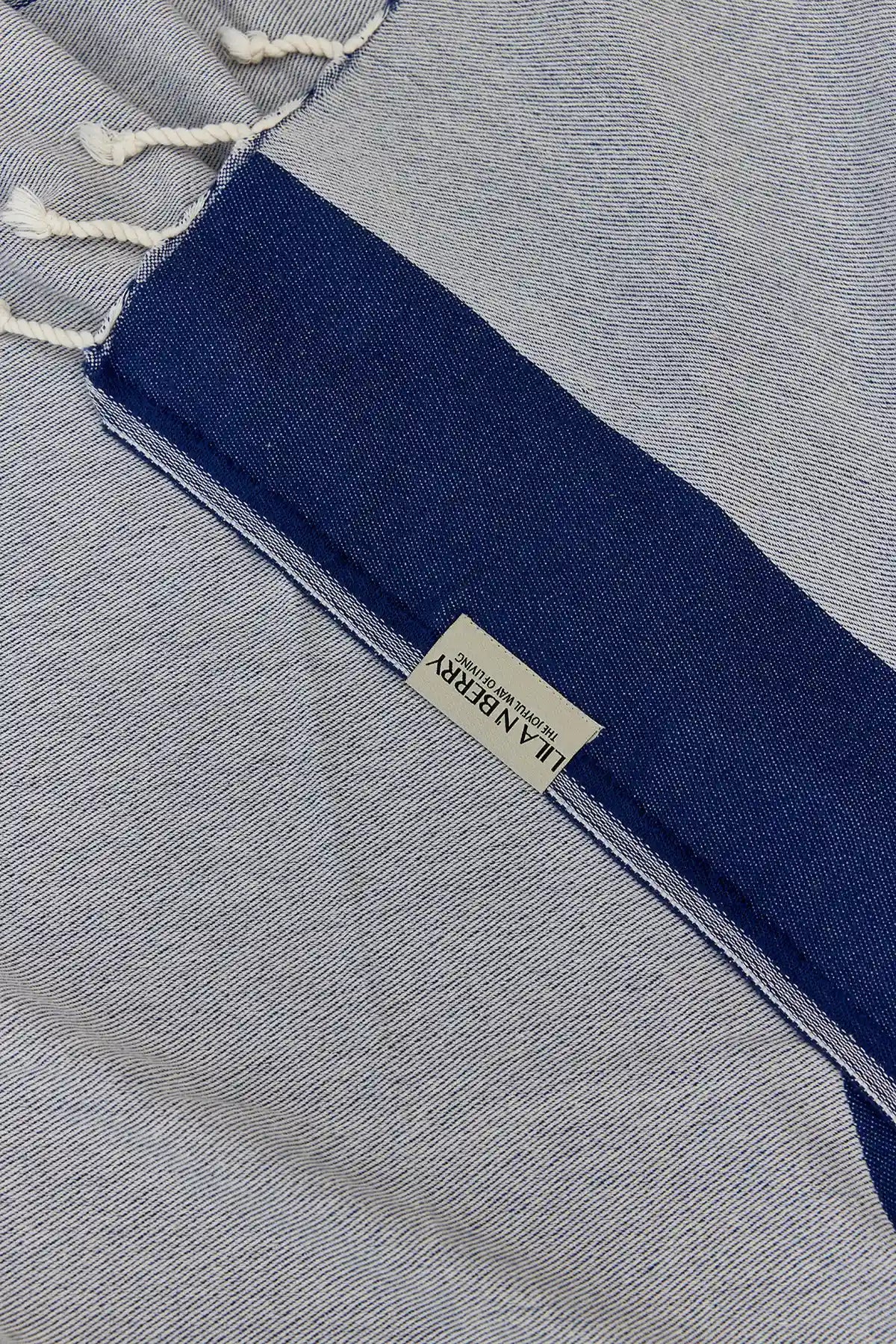 La Luna Indigo Turkish Beach Towel by Cove & Fold - draped detail