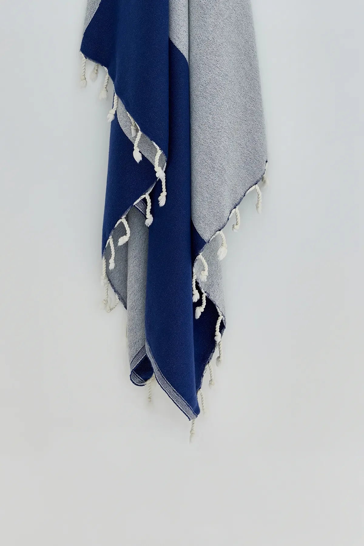 La Luna Indigo Turkish Beach Towel by Cove & Fold - hanging detail