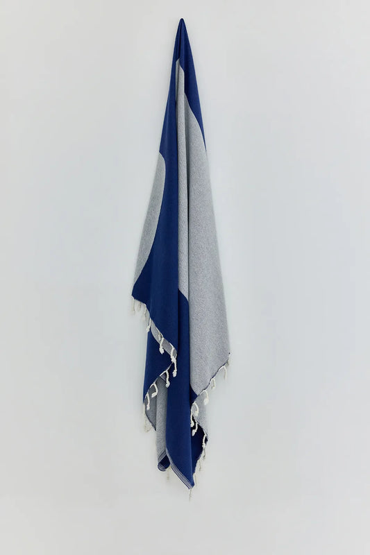 La Luna Indigo Turkish Beach Towel by Cove & Fold - hanging view